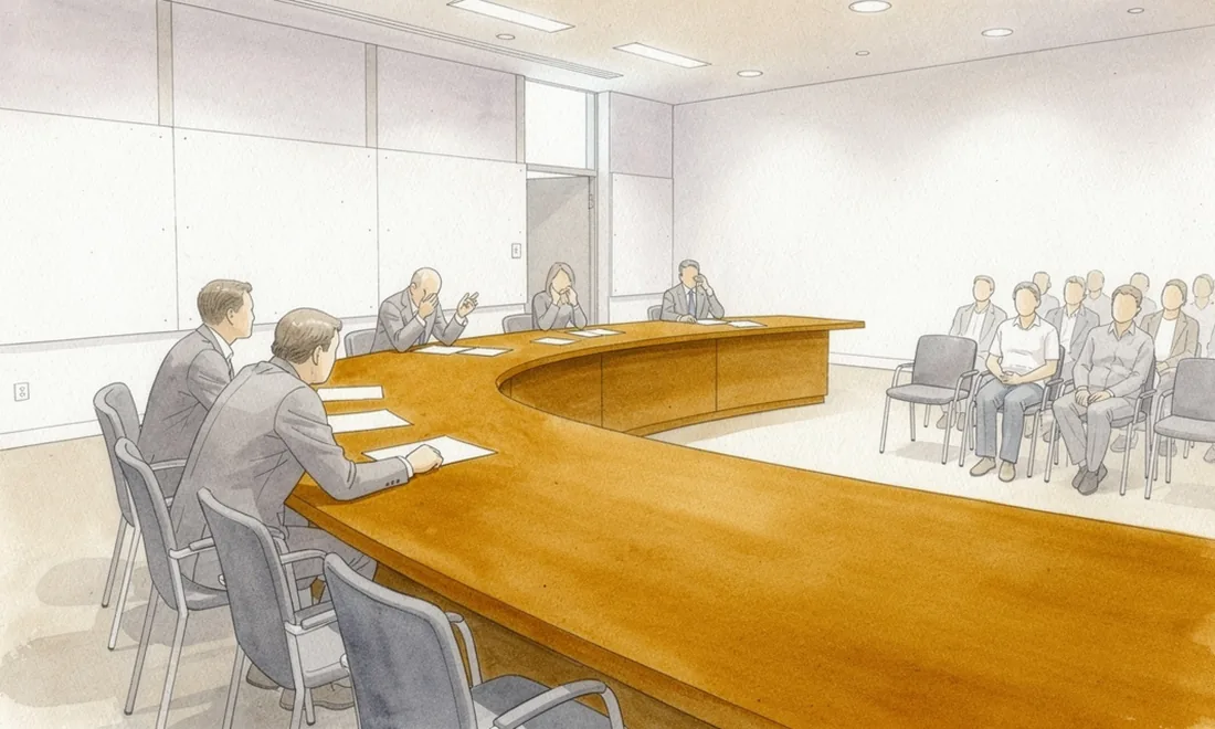 An illustrated advisory room with people seated at a long table and an audience beyond it