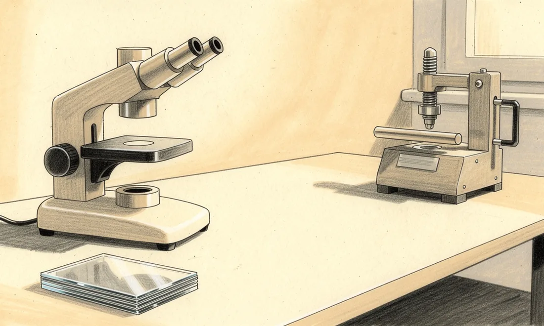 An illustrated microscope and tissue slides beside a mechanical force-testing instrument